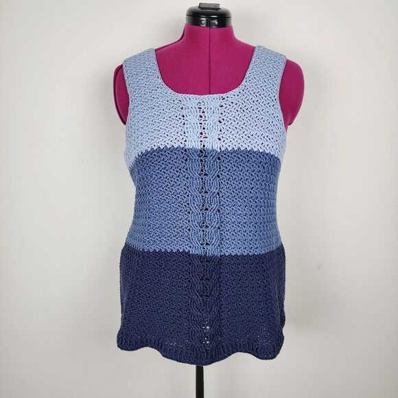 Crochet Tank Top High-low Hem Handmade Handcrafted Blue 3 Tones - Picture 16 of 16